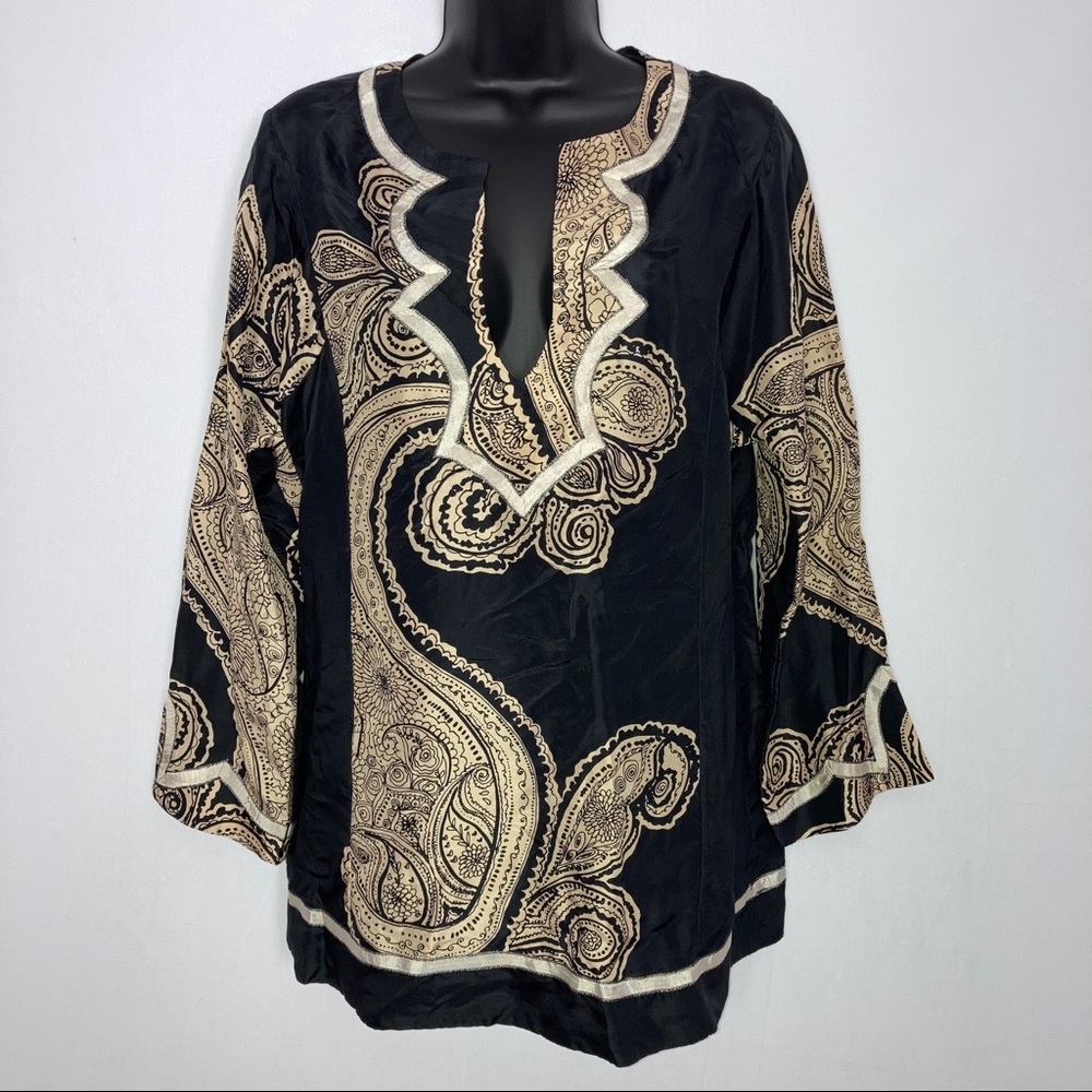 Bcbg Maxazria black tan silk tunic top sz M
